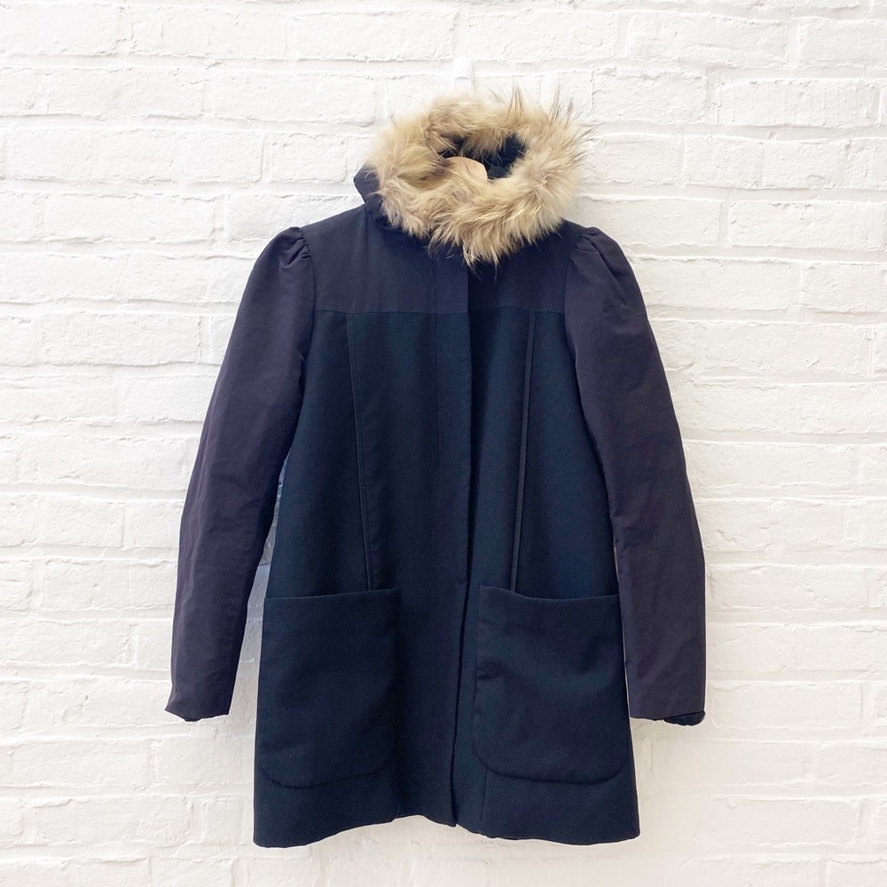 Maje || Sinatra Fur Trim Hooded Coat Black‎ 36